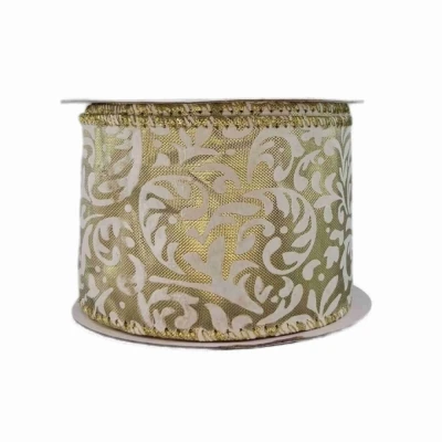 Stuha saténová s drátkem béžová ornamenty 9.1 m