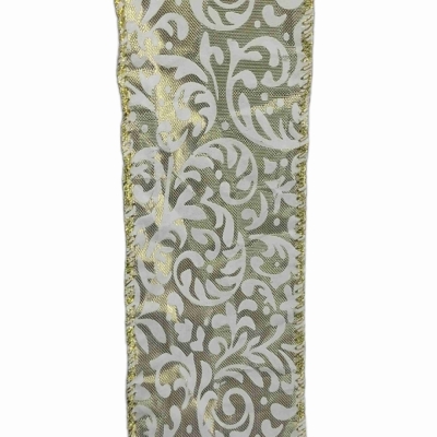 Stuha saténová s drátkem béžová ornamenty 9.1 m