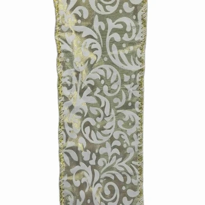 Stuha saténová s drátkem béžová ornamenty 9.1 m