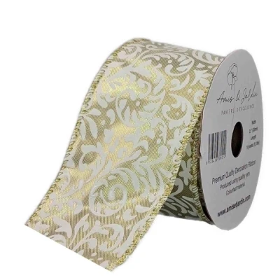 Stuha saténová s drátkem béžová ornamenty 9.1 m