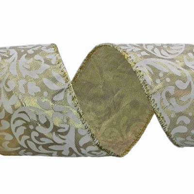 Stuha saténová s drátkem béžová ornamenty 9.1 m