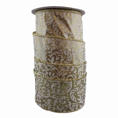 Stuha saténová s drátkem béžová ornamenty 9.1 m