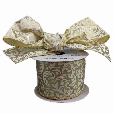 Stuha saténová s drátkem béžová ornamenty 9.1 m