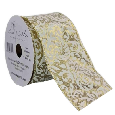 Stuha saténová s drátkem béžová ornamenty 9.1 m