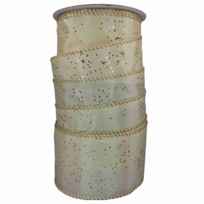 Stuha saténová s drátkem krémová vánoční tečky 9.1 m