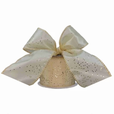 Stuha saténová s drátkem krémová vánoční tečky 9.1 m