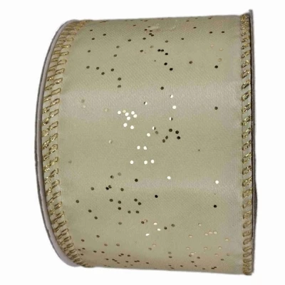 Stuha saténová s drátkem krémová vánoční tečky 9.1 m