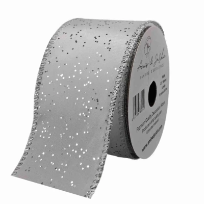 Stuha saténová s drátkem šedá stříbrné tečky 9.1 m