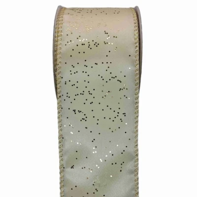 Stuha saténová s drátkem krémová vánoční tečky 9.1 m