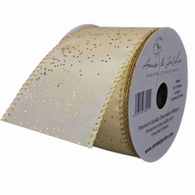 Stuha saténová s drátkem krémová vánoční tečky 9.1 m