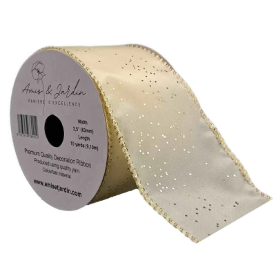 Stuha saténová s drátkem krémová vánoční tečky 9.1 m