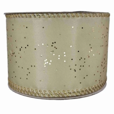 Stuha saténová s drátkem krémová vánoční tečky 9.1 m