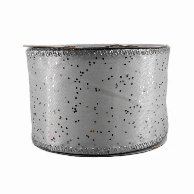 Stuha saténová s drátkem krémová vánoční tečky 9.1 m