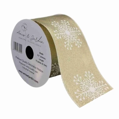 Stuha saténová s drátkem zlatá vánoční sněhové vločky 9.1 m
