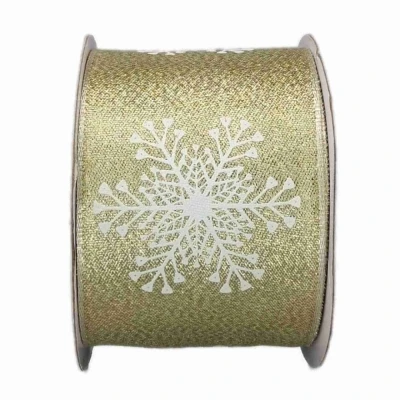 Stuha saténová s drátkem zlatá vánoční sněhové vločky 9.1 m