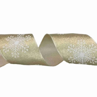 Stuha saténová s drátkem zlatá vánoční sněhové vločky 9.1 m