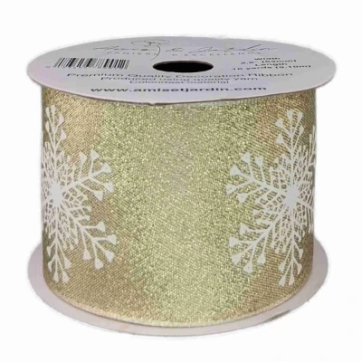 Stuha saténová s drátkem zlatá vánoční sněhové vločky 9.1 m
