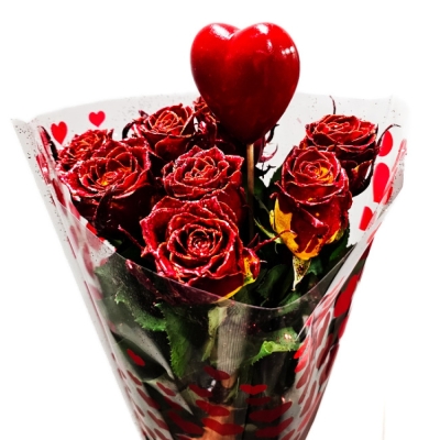 Valentýnský svazek wax růží se srdíčkem 70cm